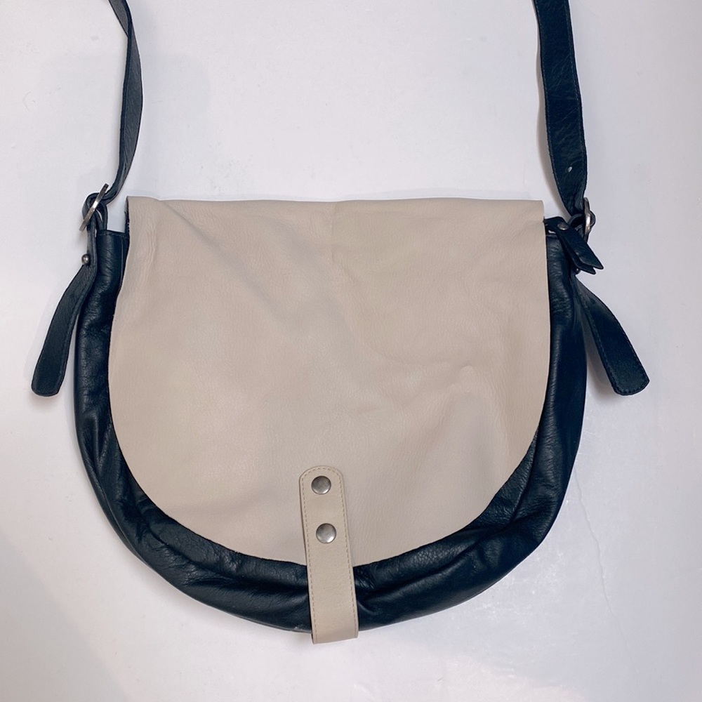 Eileen Fisher bag Long Boom Purse Black Cream Silver Leather Crossbody Handbag